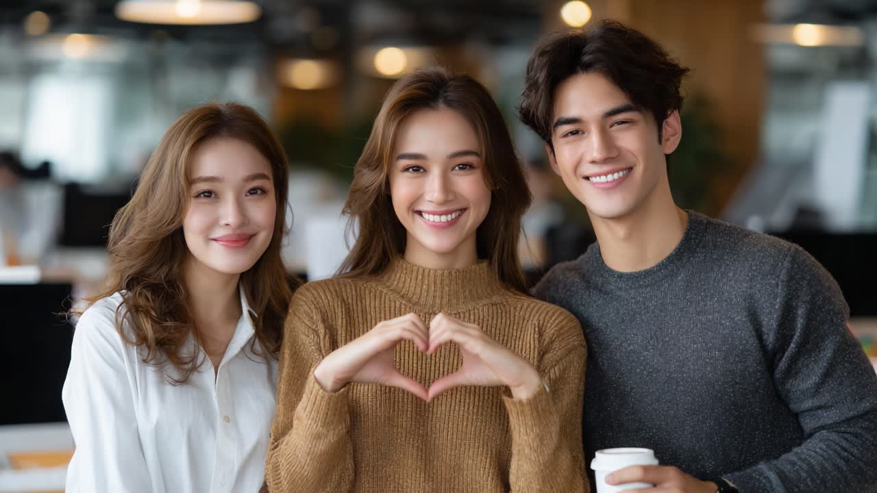A joyful gathering of three friends celebrating together with smiles and heart gestures, showcasing friendship and connection in a modern workspace ambiance