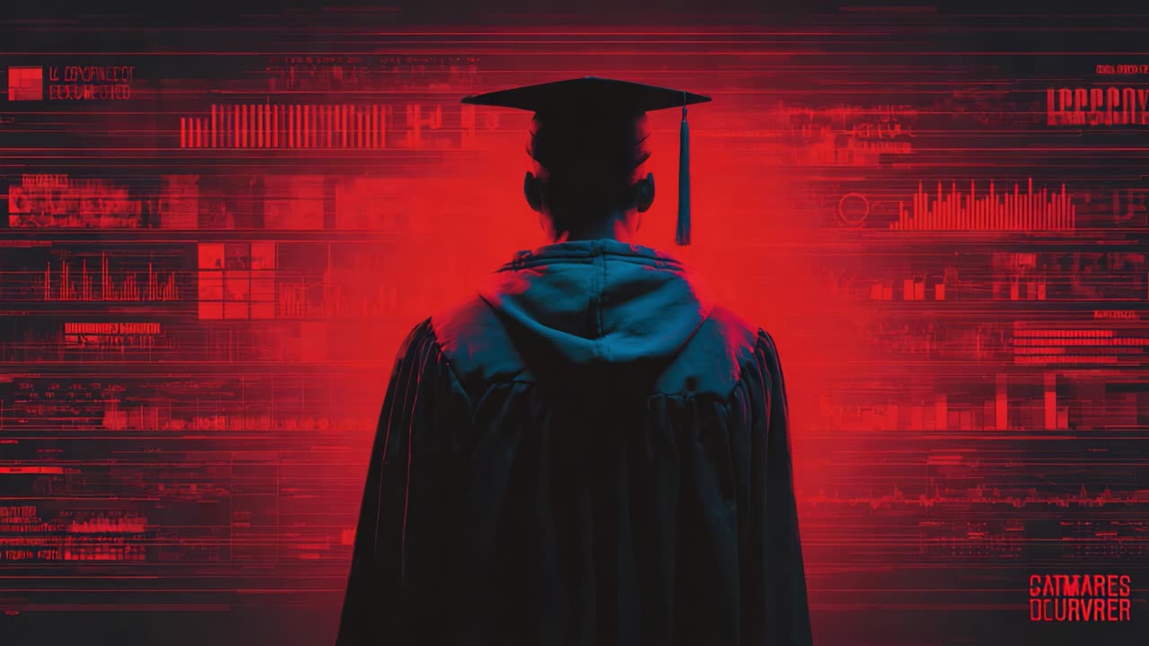 A contemplative graduate stands in front of a digitized backdrop, immersed in thoughts of future possibilities and data-driven pathways illuminated by vibrant red hues