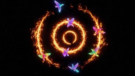 a mesmerizing display of vibrant, colorful hummingbirds swirling around fiery spirals in a dark, cosmic backdrop, captivating viewers with their dynamic motion and elegance