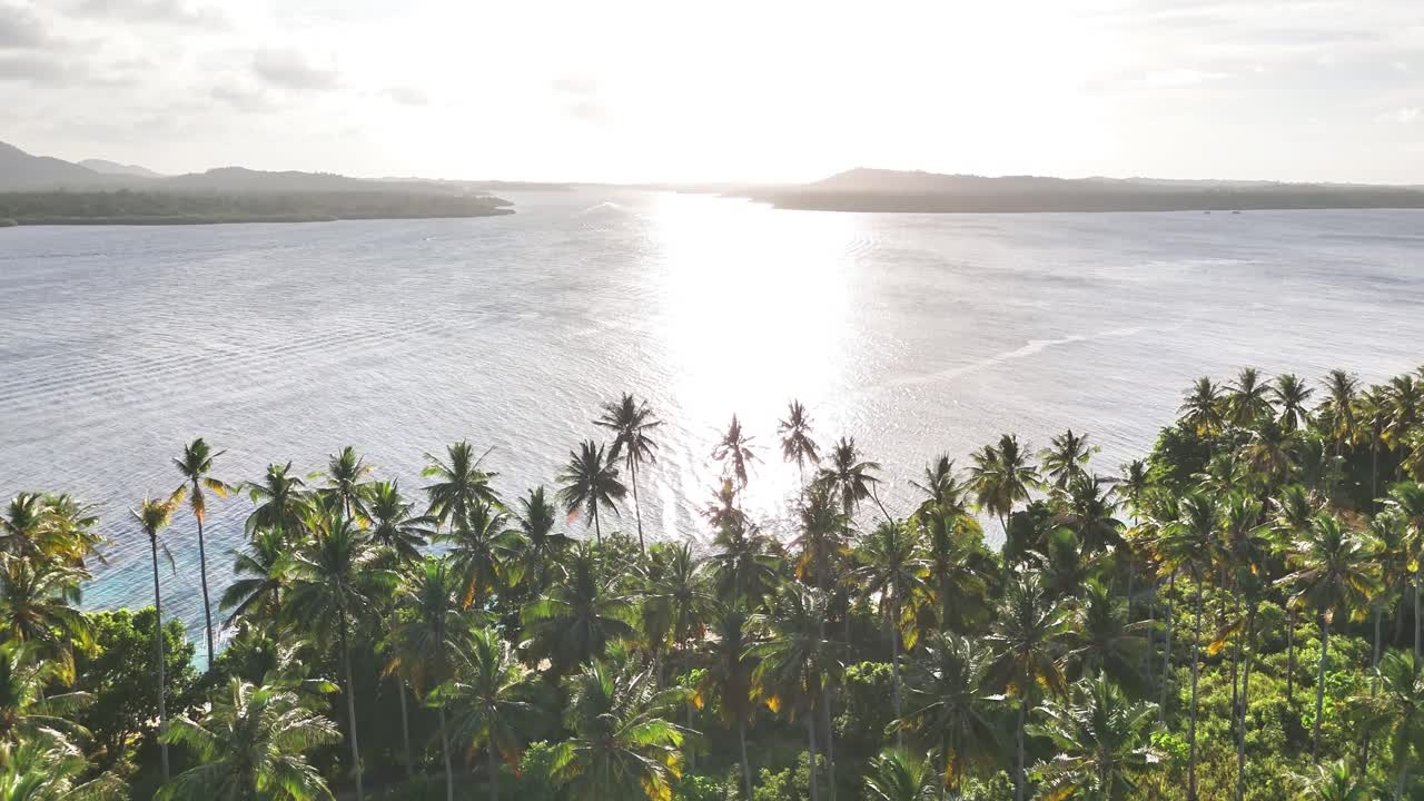 Sunlight reflects across the calm waters of the Balabac Strait, part of the South China Sea, as lush coconut palms fill the coast of Caxisigan Island, a remote isle in southern Palawan, Philippines
