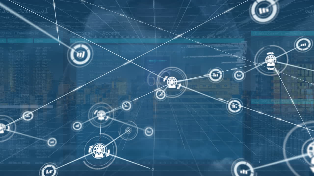 빈 사무실 위에 아이콘으로 연결된 네트워크의 애니메이션