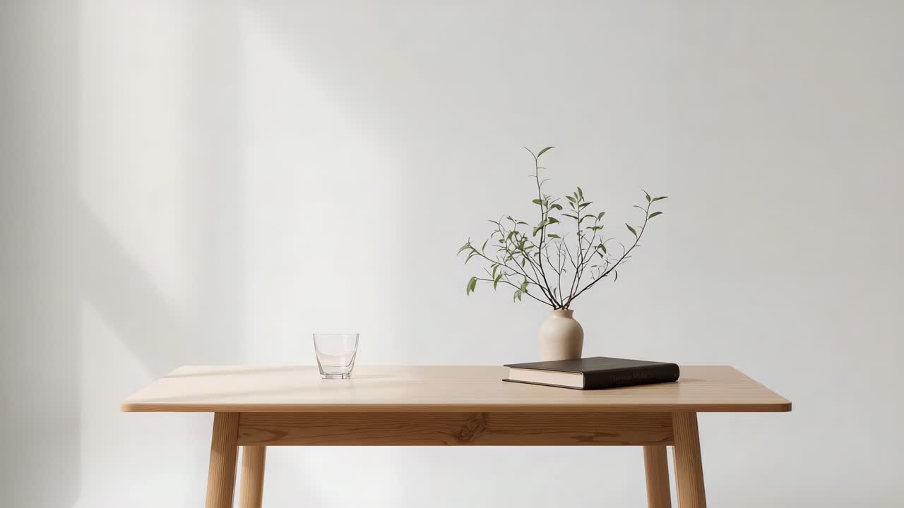 Shifting sunlight casting shadows across wood table in minimal room, nudging vase, glass, books