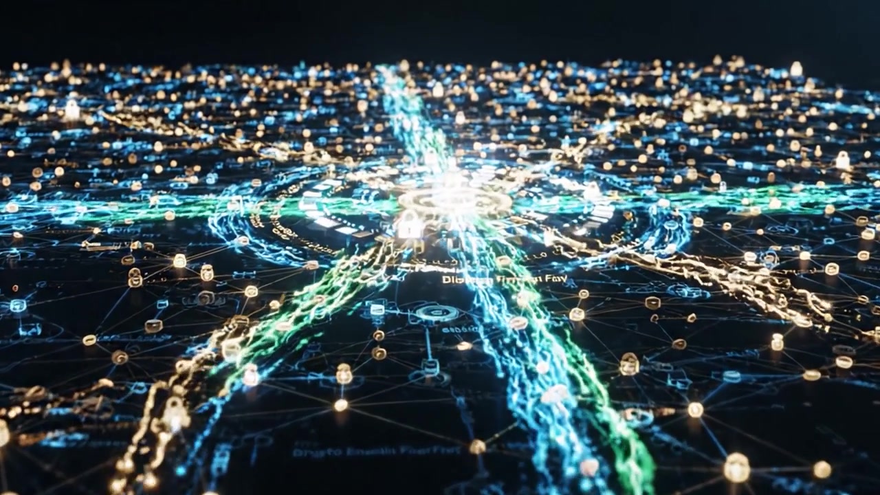 Visually Stunning Contrast Between a Dark Horizon Highlighted by Distant Lights and an Illuminated Network Grid Representing Connectivity and Technology's Impact