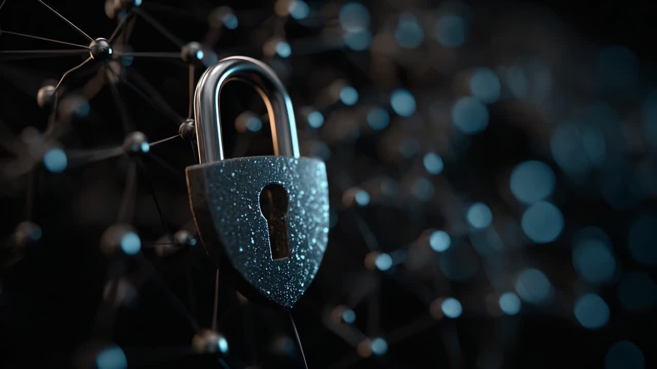 Exploring Security: A Close-Up of a Lock Against a Digitally Enhanced Network Background Emphasizing Protection and Privacy in Information Technology