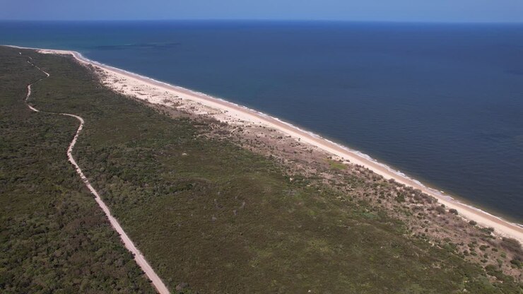 Sandy Beach And Forested Landscape Of Inskip Peninsula On Coral Sea Coast, Queensland, Australia. aerial shot