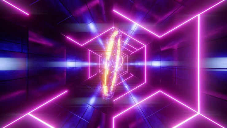 Flying through a tunnel with purple bars and yellow rings. Infinitely looped animation.