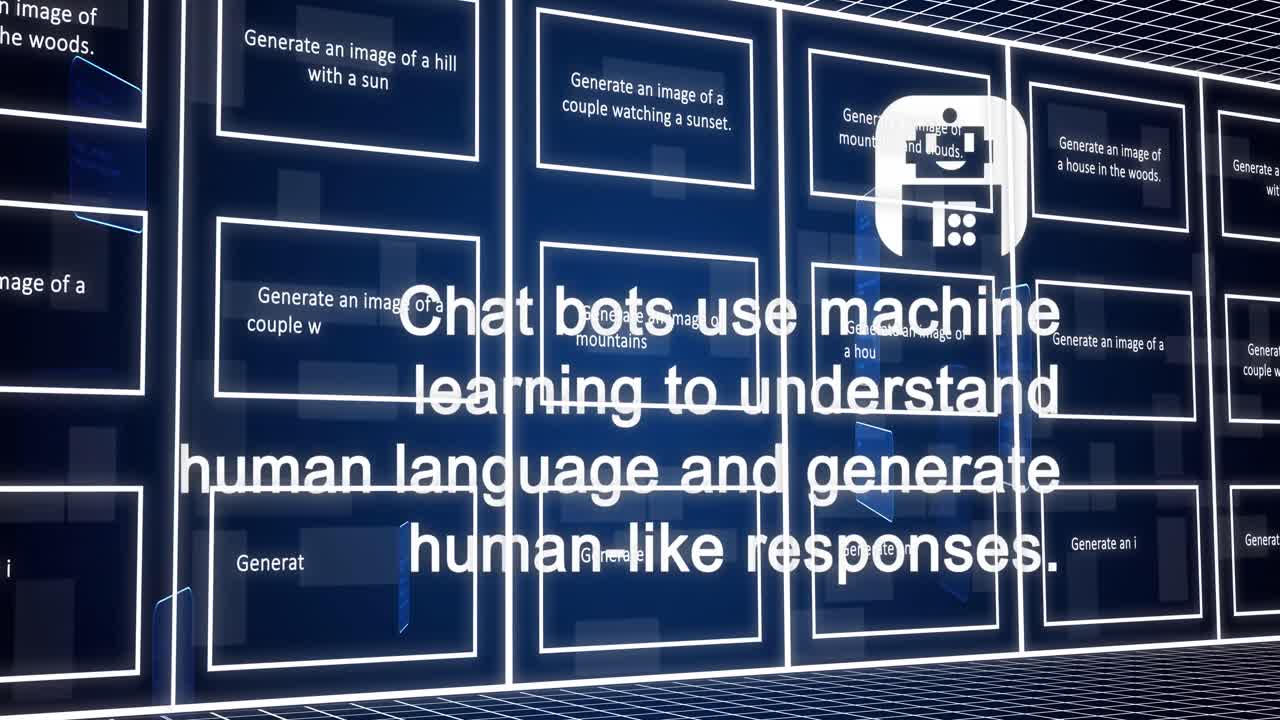 Animation of ai data processing, chat and icons over screens