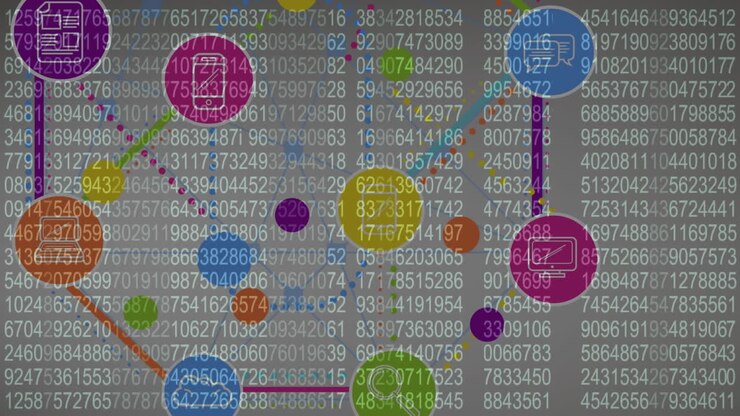 Animation of network of connections with digital icons and numbers processing