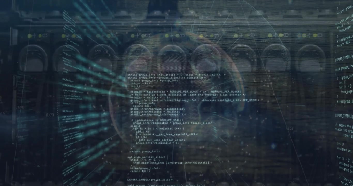 Animation of globe, dots and computer language over back panel of server data storage
