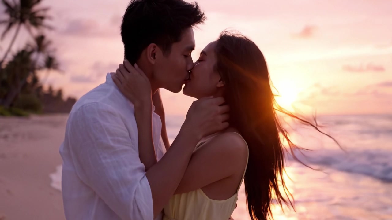 A Romantic Sunset Embrace: Two Lovers Sharing a Tender Moment on the Beach with a Beautiful Ocean View and a Colorful Sky at Dusk