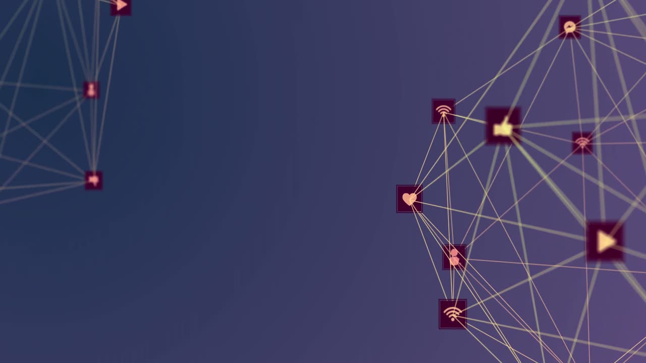 animación de la red de conexiones con iconos sobre fondo violeta