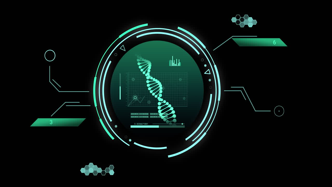 Animation of dna strand and scientific data processing over black background