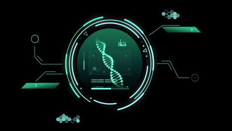 animation of dna strand and scientific data processing over black background