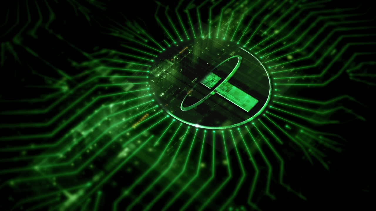 Futuristic digital background highlighting advanced cryptocurrency and encryption technology, featuring blockchain networks and secure cryptographic systems : Tether