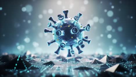 realistic 3d visualization of a virus surrounded by geometric structures, highlighting the complex interaction between microorganisms and their environments