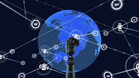 animación de un globo giratorio de conexiones con iconos y la mano del robot