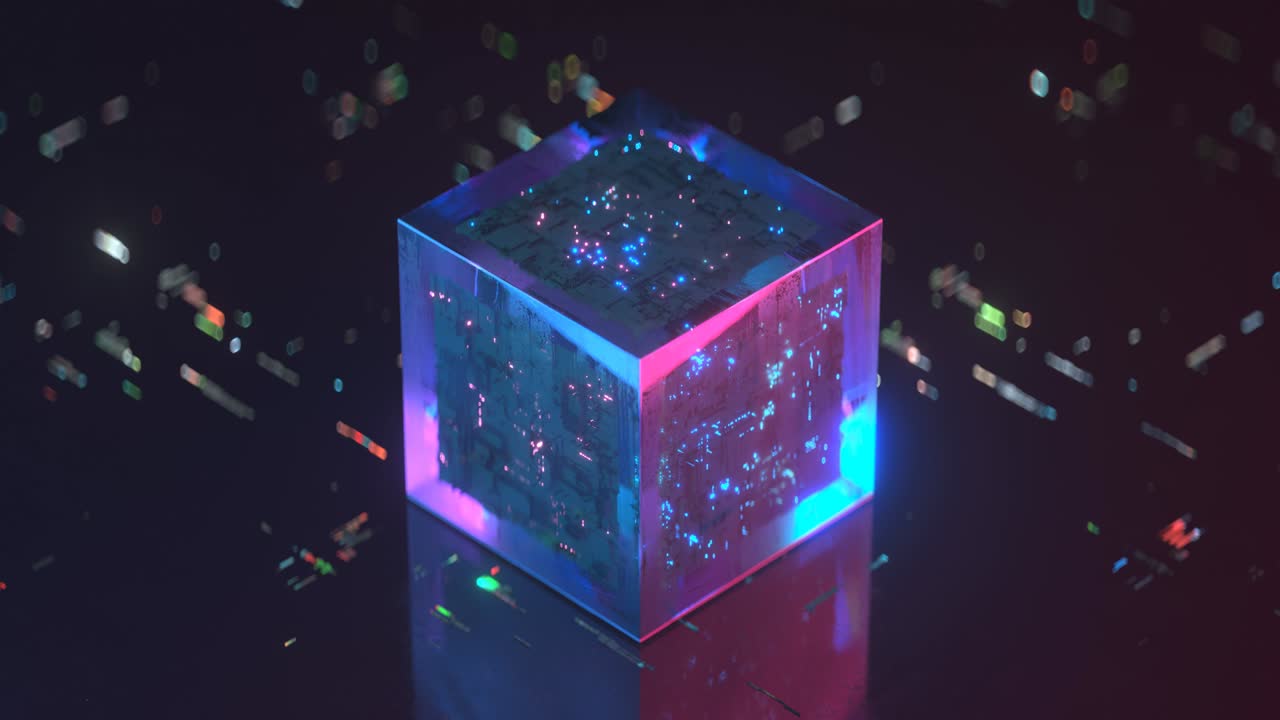 반이는 네온 불빛을 가진 큐브 3d 렌더링 애니메이션