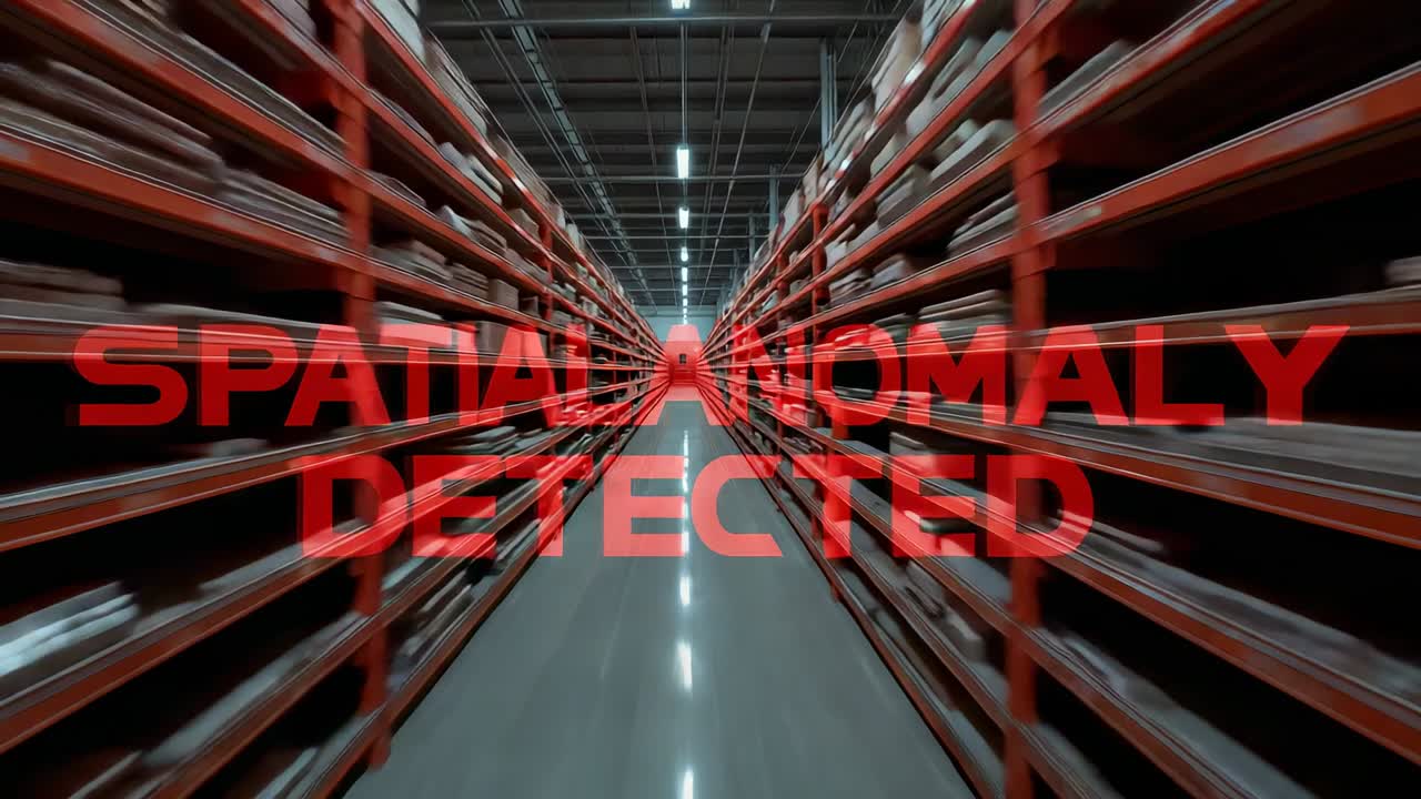 Bevægende kamera ned ad lagergang følger rød advarselstekst der vises, scanner orange reoler.