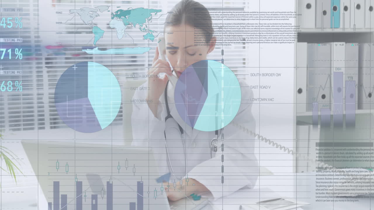 procesamiento de datos financieros contra una doctora caucásica tomando notas mientras habla por teléfono