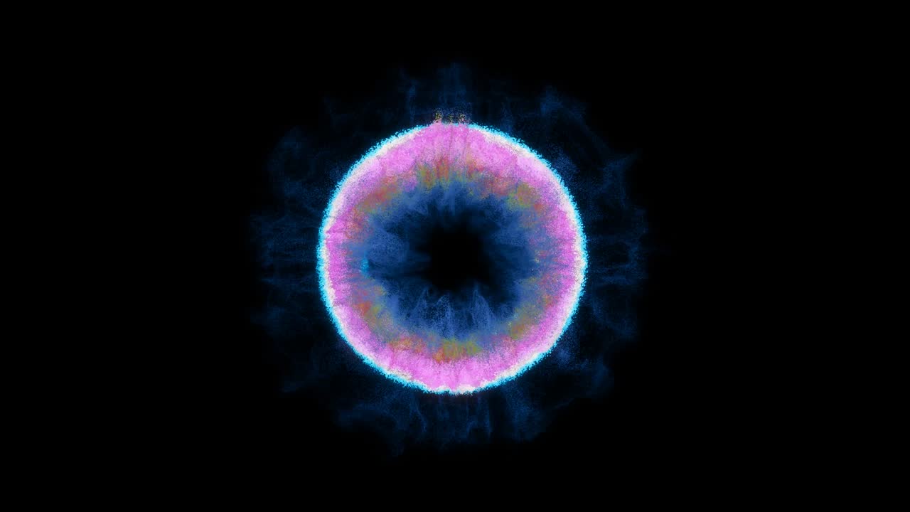 partículas multicolores iridescentes coloridas humo vívido gas brillante explosión de onda de choque animación creativa en negro