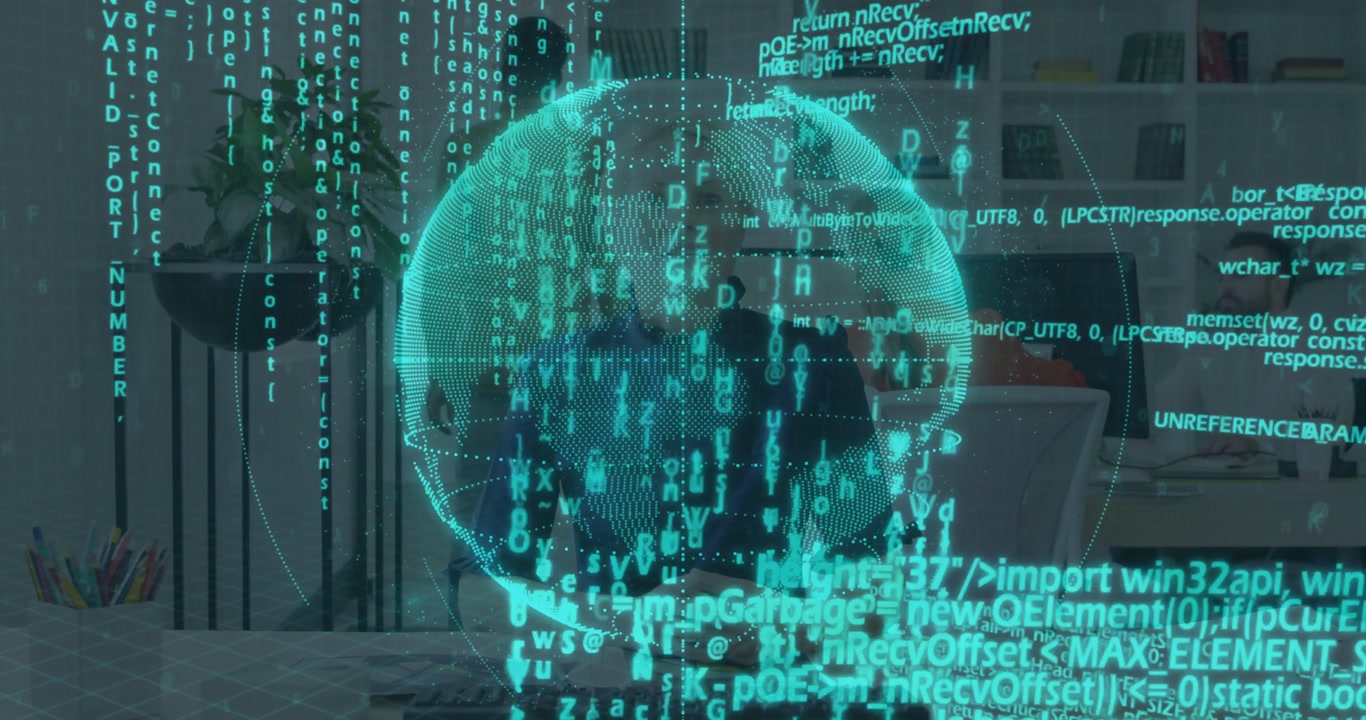 Rotating teal globe shifting as presenter in blazer adjusting laptop in office demo, streaming code