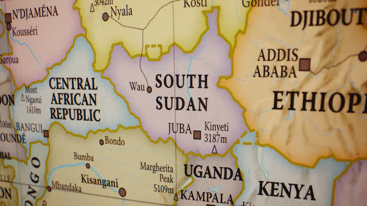 Close-up view of South Sudan and surrounding countries on a map