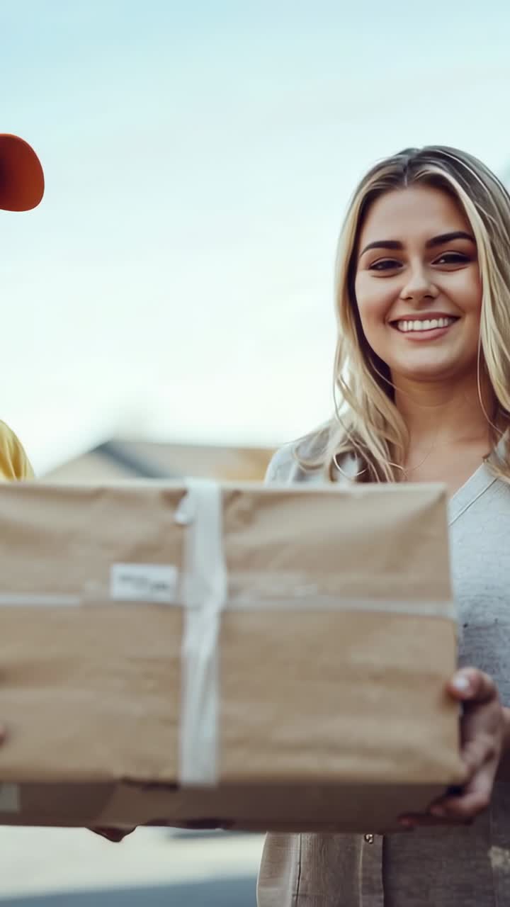 Vertical video: Adult woman receiving sealed cardboard box from courier on home porch, copy space