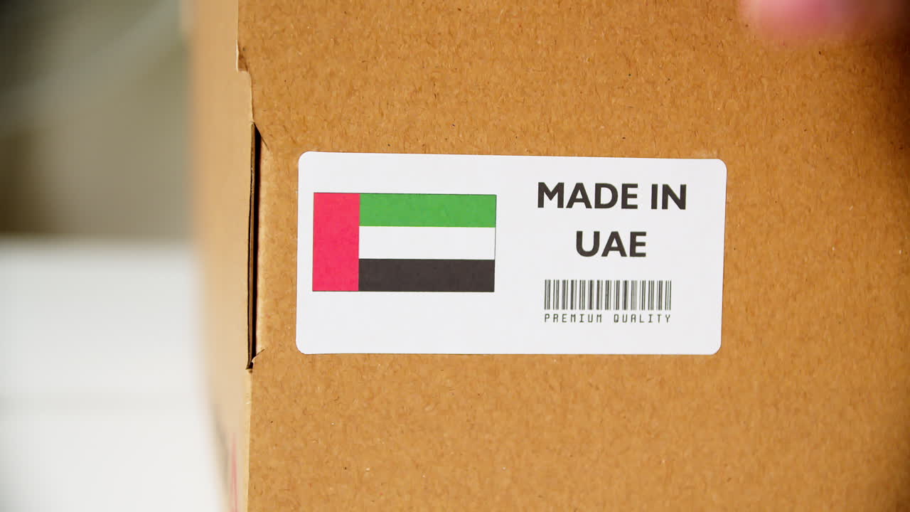 Hands applying MADE IN UAE flag label on a shipping cardboard box with products. Close up shot with premium quality barcode
