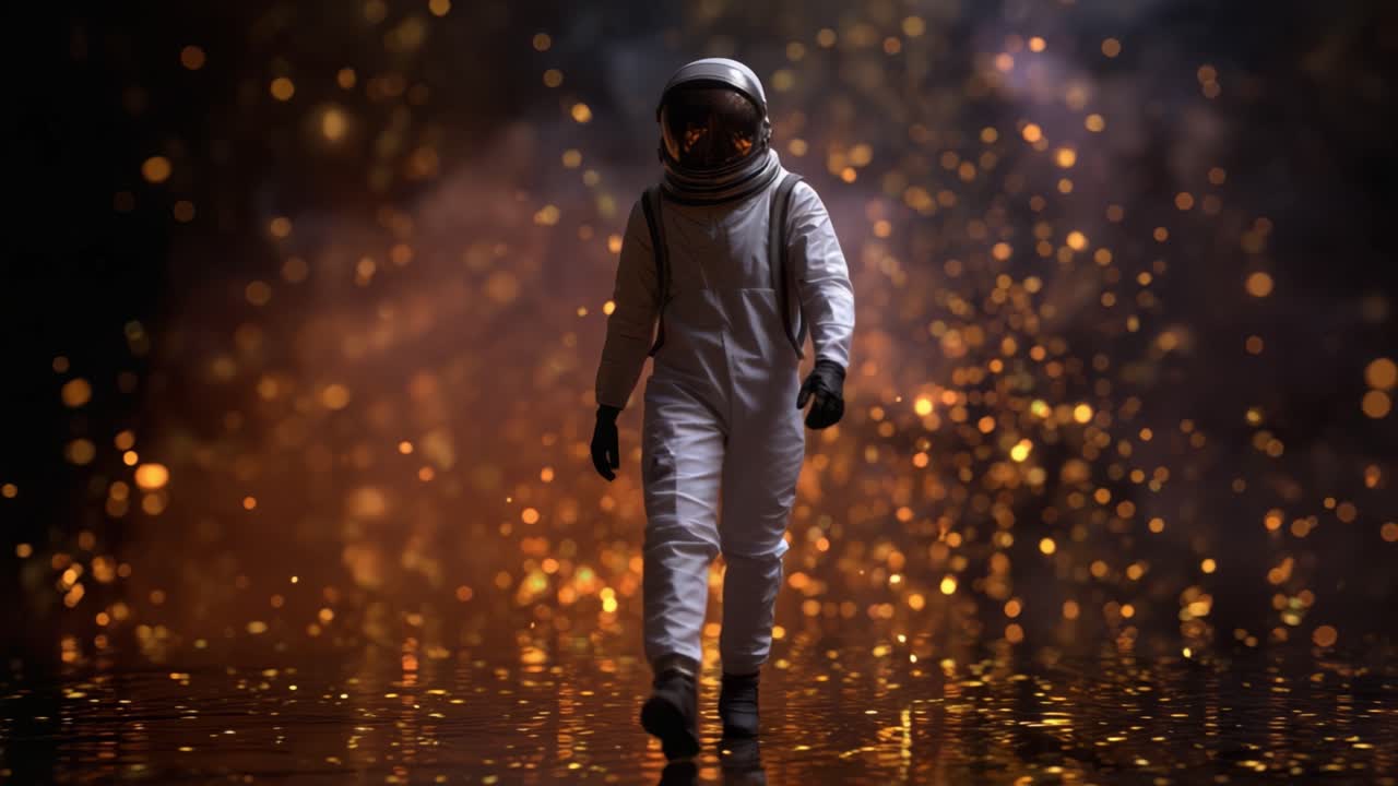 Astronauta che cammina attraverso un ambiente cosmico scintillante, circondato da particelle luminose e luci tremolanti, creando un'atmosfera fantascientifica accattivante.