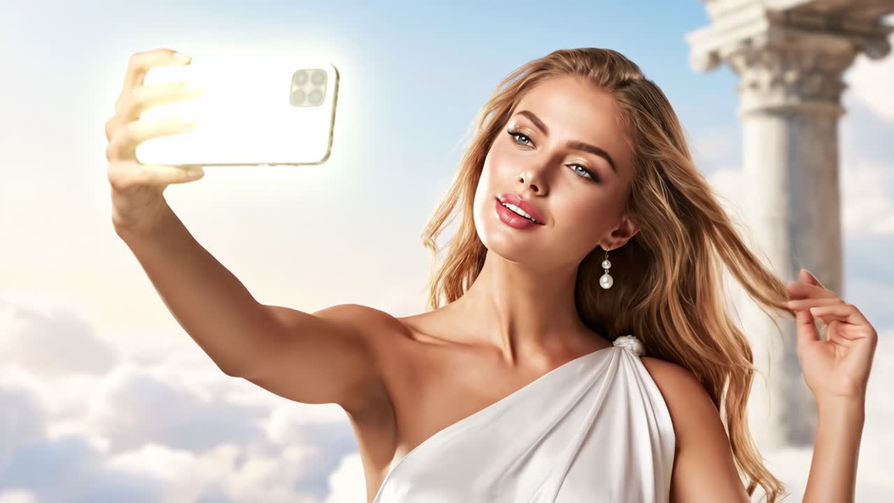 Bellissima donna in abito bianco che scatta un selfie