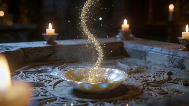 Rising golden dust forming spiral from pearl shell on stone altar for ritual, candles flickering