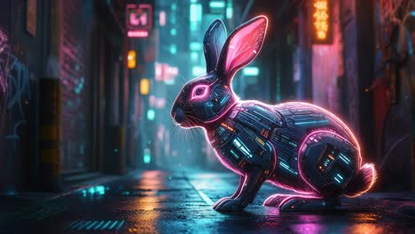 cyberpunk rabbit in neon city alley