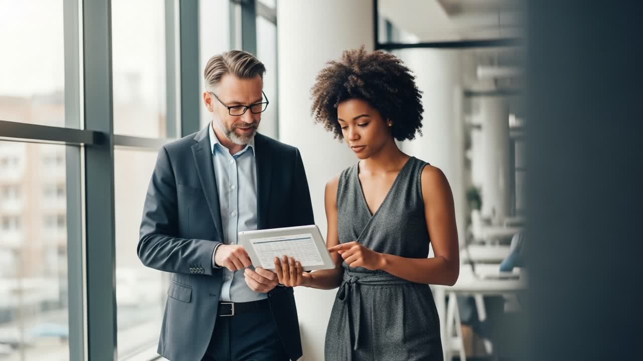 Professional Discussion: Two Colleagues Engaged in a Collaborative Business Meeting, Analyzing Data on a Tablet in a Modern Office Setting with Large Windows