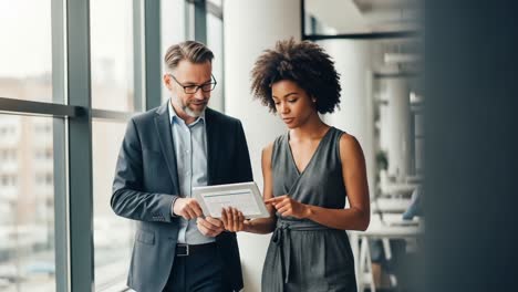 professional discussion: two colleagues engaged in a collaborative business meeting, analyzing data on a tablet in a modern office setting with large windows
