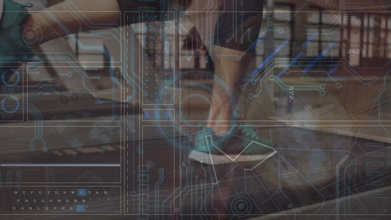 Animation of data on digital screen over legs of caucasian woman in treadmill
