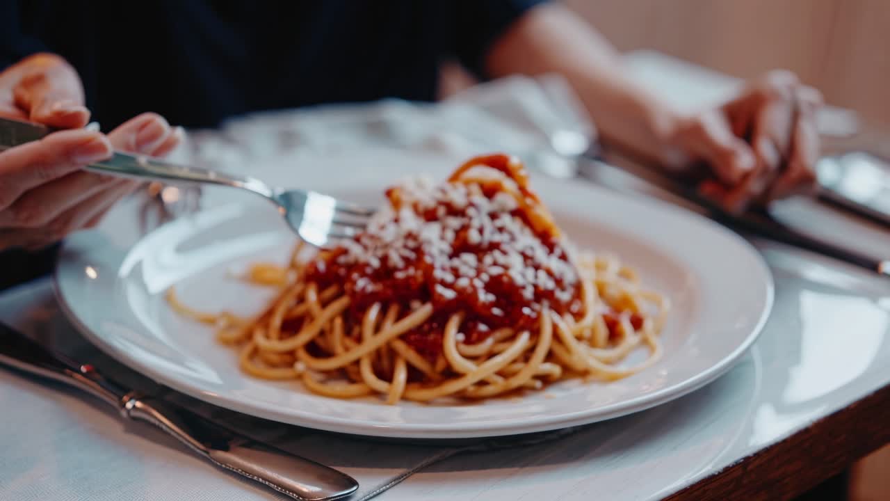 Primo piano di un video di una persona che mangia spaghetti con salsa di pomodoro e formaggio