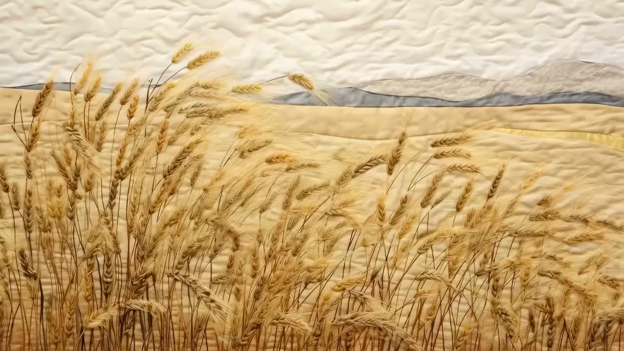 Aerial view of a quilt depicting a wheat field with mountains