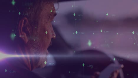 animación de manchas brillantes sobre un hombre caucásico conduciendo un coche y hablando