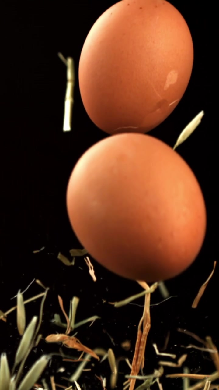 Slow Motion of Brown Eggs and Hay Floating on Black Background
