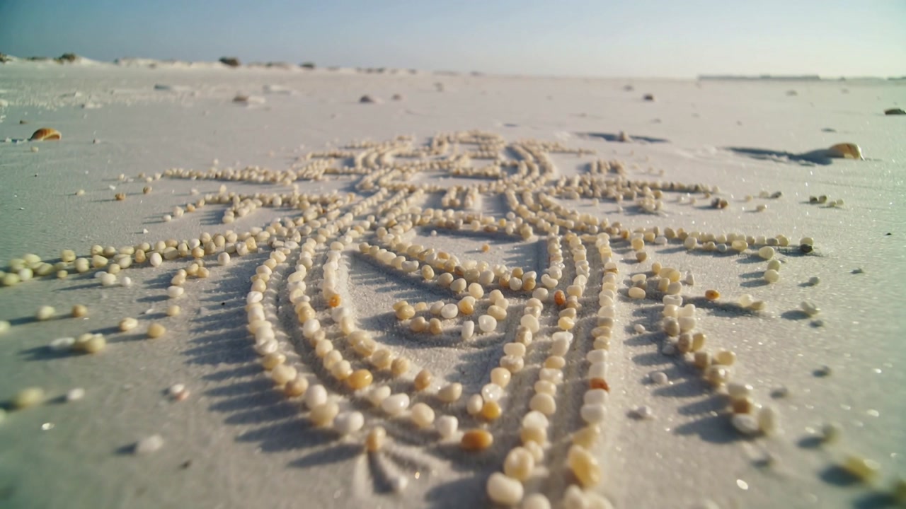 Shell beads forming curved rows shifting with subtle camera move and sun change for design use