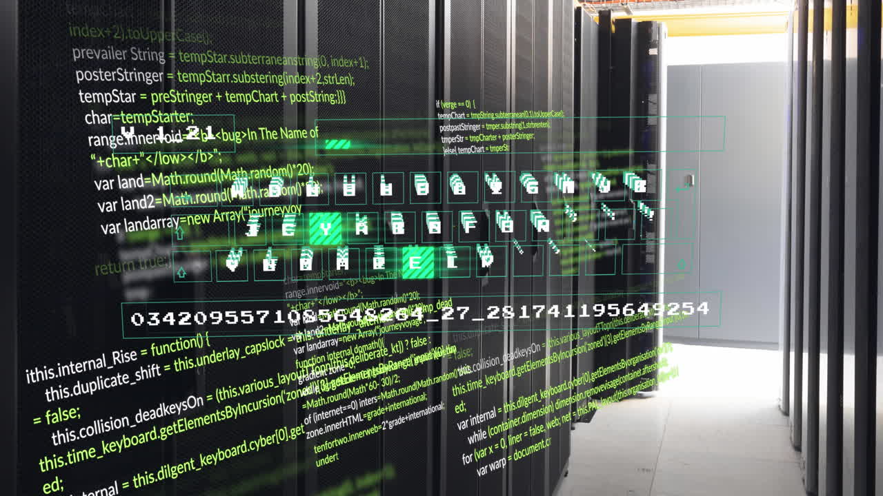 Animation of data processing and keyboard over server room