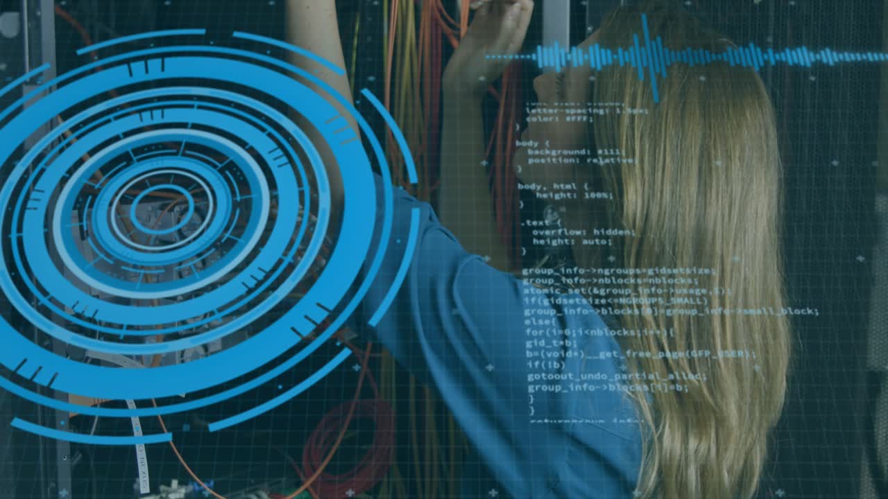 Animation of scope scanning and data over caucasian female it technician by computer server