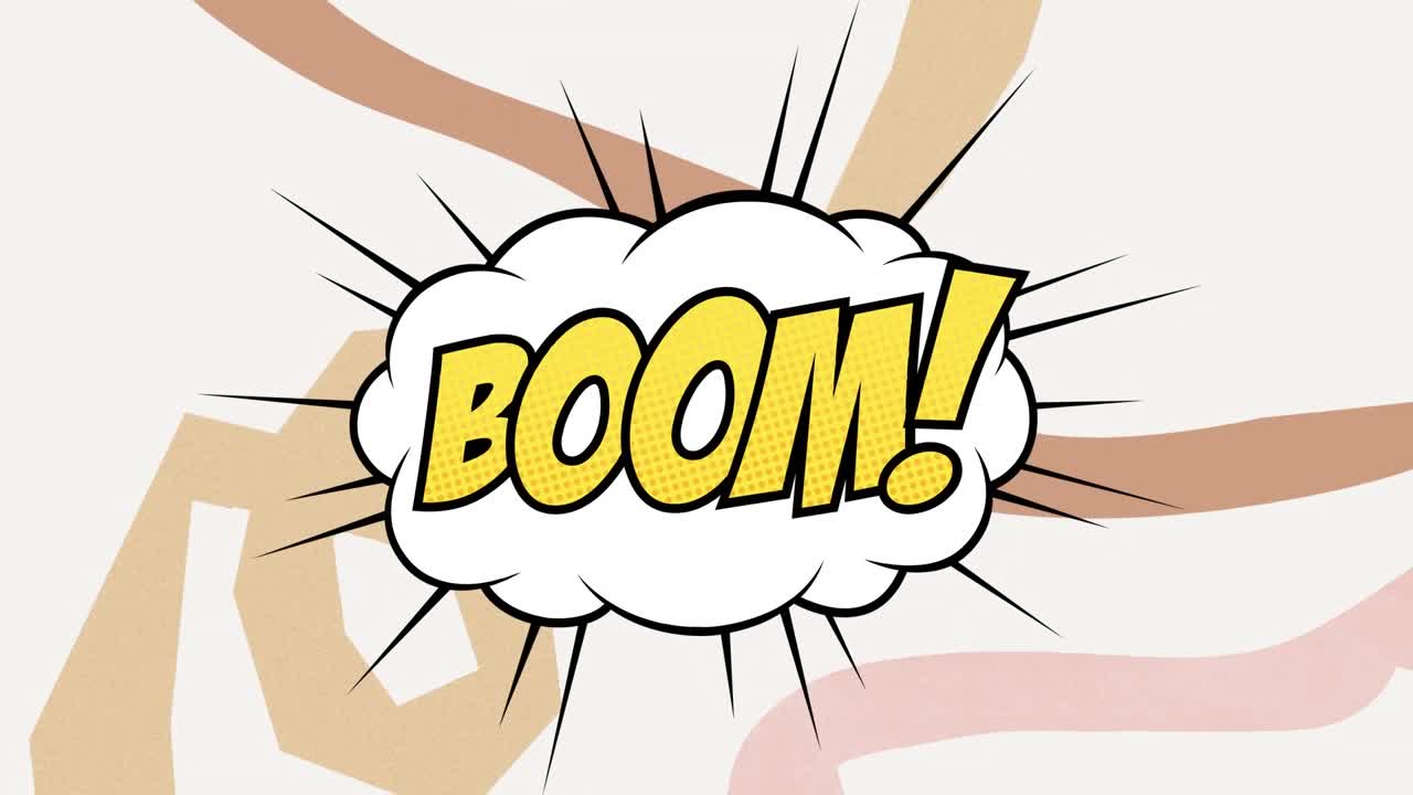 Animazione del testo "boom" e di forme su sfondo bianco