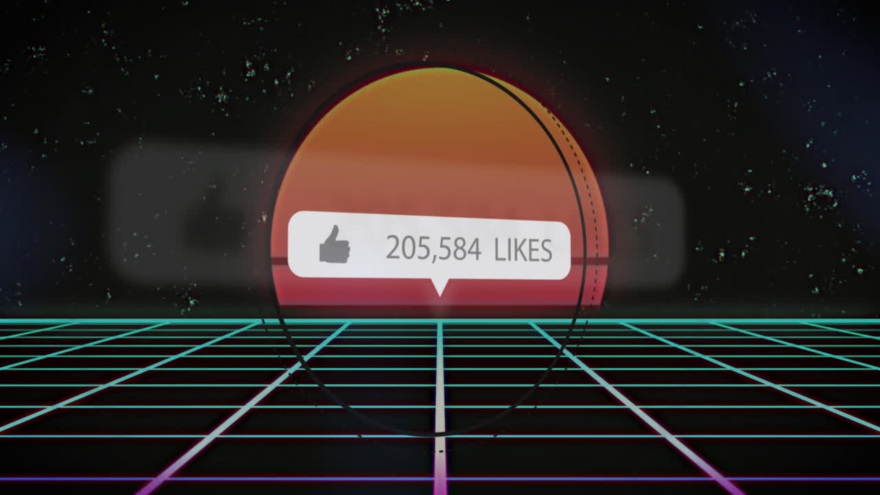 Animation of social media likes over glowing retro digital landscape grid