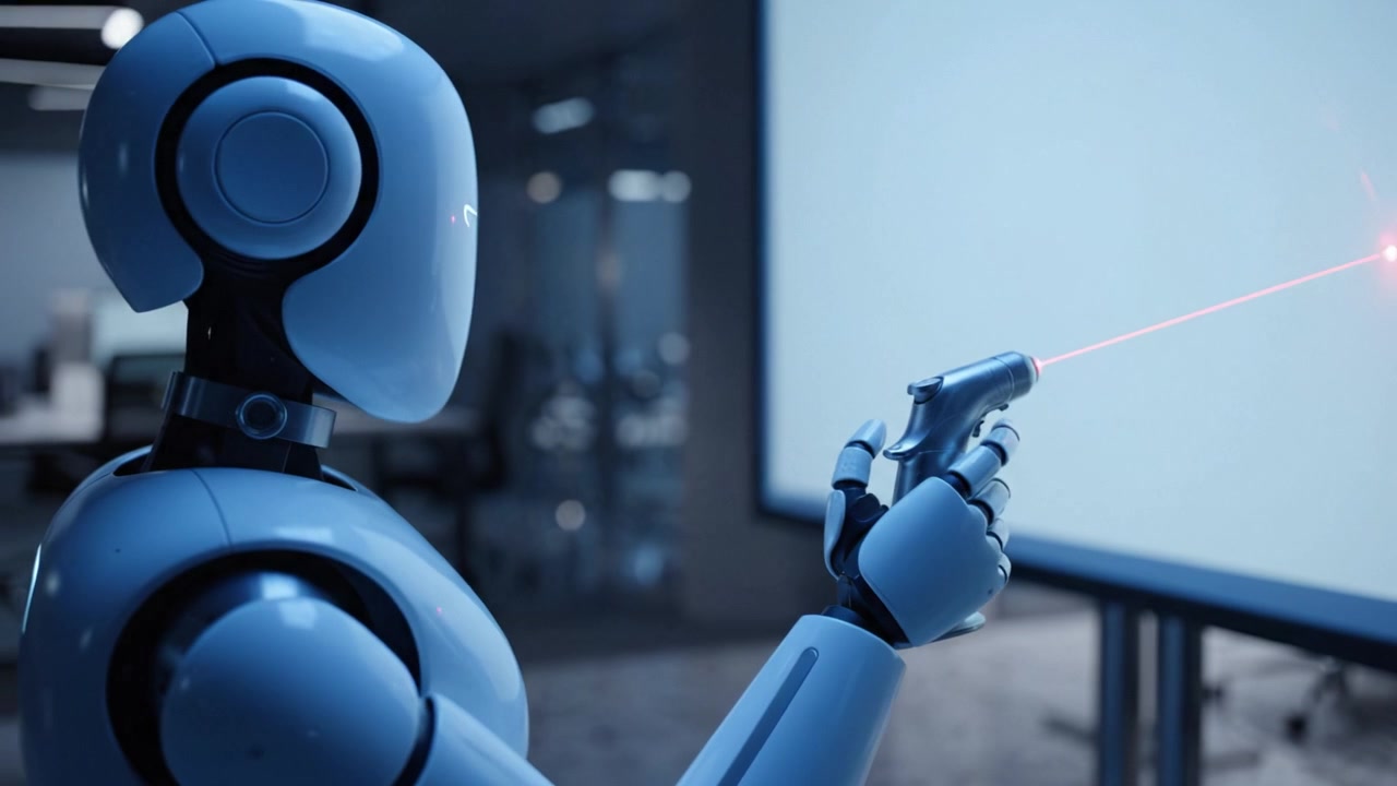 Futuristic Robot Using Laser Technology to Interact with a Screen in an Advanced Tech Environment Showcasing Innovation and Robotics