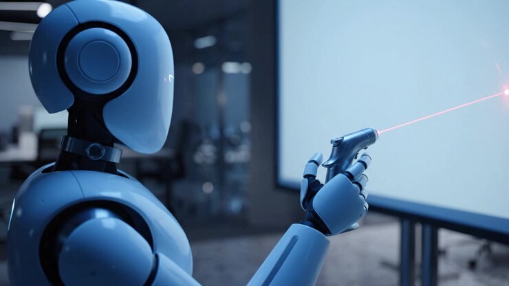 Robot futuristico che utilizza la tecnologia laser per interagire con uno schermo in un ambiente tecnologico avanzato, mostrando innovazione e robotica