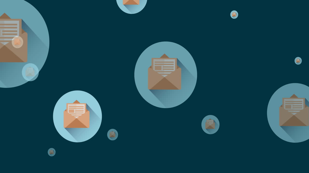 Animation of online mail envelope icons moving on blue background