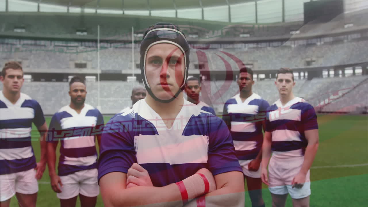 Standing confidently on field, rugby players in blue and white uniforms