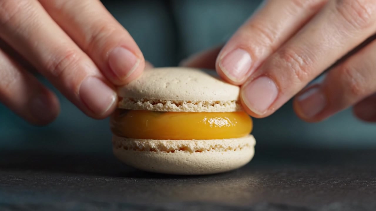 Deliciously Tempting Macarons with a Luscious Yellow Filling Captured in Two Distinct Frames Highlighting the Perfecting Pastry Craftsmanship