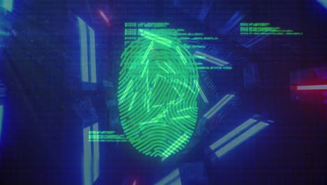 bio metric fingerprint scanner and data processing against glowing tunnel